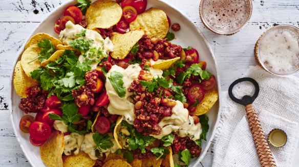 Adam Liaw's beef and bean nachos with jalapeno cheese sauce.