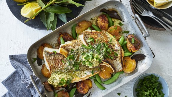 Blue eye with vermouth and jalapeno butter, bay leaf potatoes and sugar snap peas.