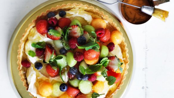 Melon and berry mascarpone tart (or tartlets) <a href="https://www.goodfood.com.au/recipes/melon-and-berry-mascarpone-tart-with-marmalade-glaze-recipe-20171008-gyww7u"><b>(Recipe here)</b></a>.