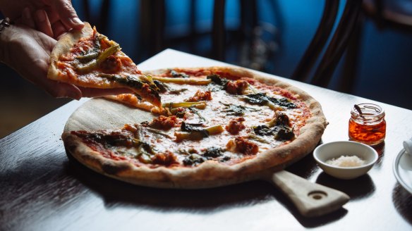 'Nduja and chicory pizza at Valentino Calabrian Kitchen, Toorak. 