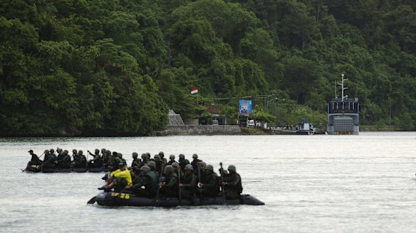 Military training near Nusakambangan Prison, where Andrew Chan and Myuran Sukumaran will be executed within days.