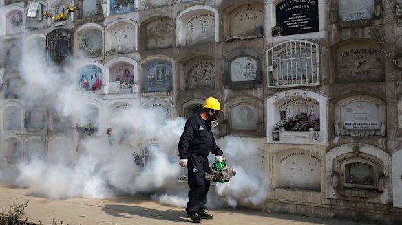 A health worker fumigates to prevent Dengue, Chikunguya and Zika virus, at El Angel cemetery  in Lima, Peru.