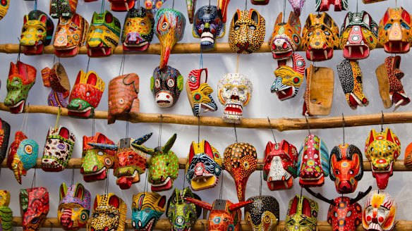 Mayan wooden masks for sale in  Chichicastenango.