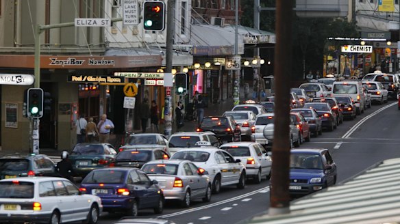 Traffic on King St, Newtown, which Roads Minister Duncan Gay said would be transformed into a 'Nirvana' after the WestConnex was built.