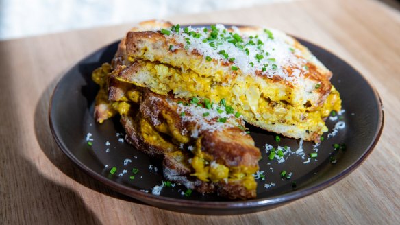 The cumin-roasted cauliflower toastie has a glorious dusting of Grana Padano cheese.