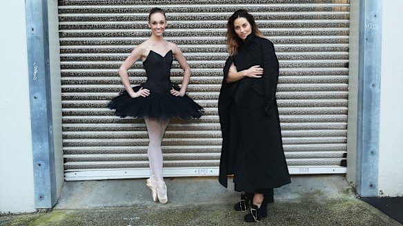 Kym Ellery and Australian Ballet dancer Brooke Lockett warm up for opening night of Fashion Week Australia.