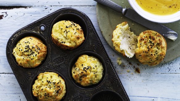 These cheesy potato  muffins are great with soup.