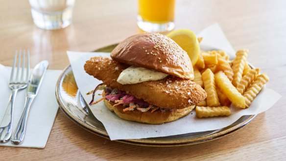 Panko-crumbed fish sandwich with tartare and chips at the newly renovated Transport Bar at Fed Square.