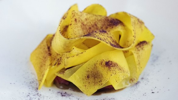 Yellow adopted an all-vegetarian dinner menu earlier this year, serving inventive dishes such as this course of golden beetroot, malt and capers.