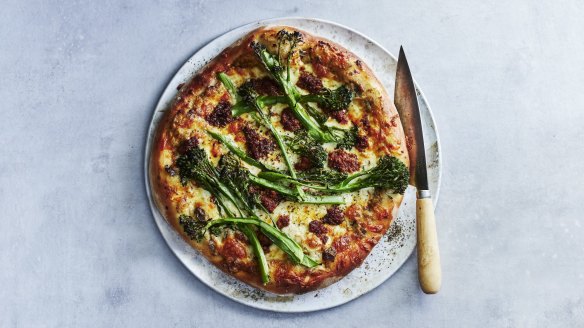 Five-ingredient smoky eggplant, broccolini and 'nduja pizza recipe. 