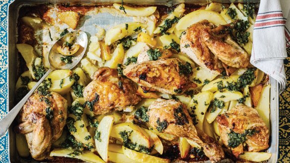Chicken and potato traybake with lemon and garlic dressing.