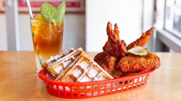 Fried chicken and waffles at Belles Hot Chicken.