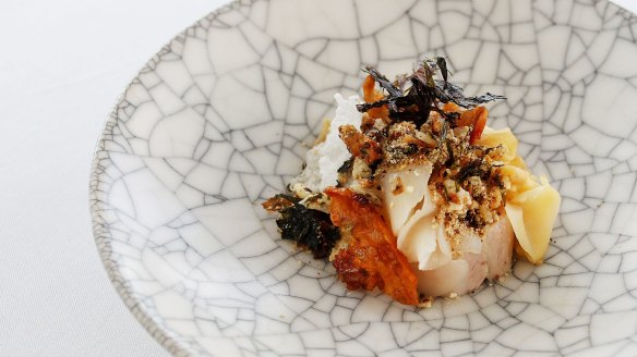 "Beautiful food" - Quay's smoked and confit pig jowl, roasted koji, shiitake, kombu, sea scallop and sesame.