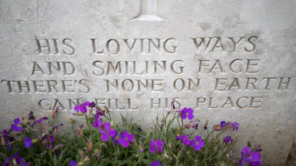 An inscription on a headstone in the Pozieres British Cemetery near Albert, France.