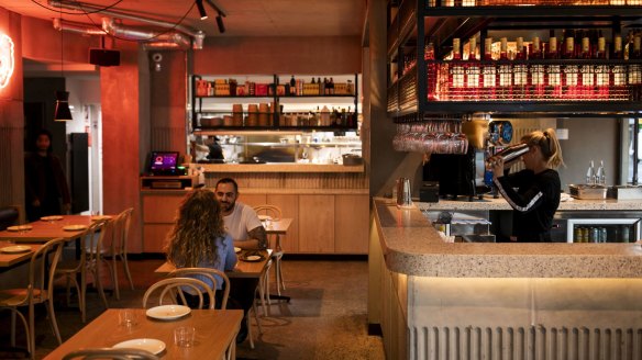Full-service restaurant/takeaway hybrid Henrietta features a terrazzo bar.