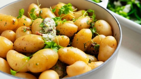 Kipfler potatoes with anchovy, parsley and lemon butter.