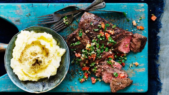 Neil Perry's za'atar crusted lamb fillet with skordalia.