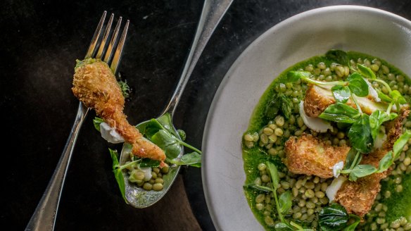 Wheat berry and pea 'risotto' with crumbed artichoke and goat's cheese.