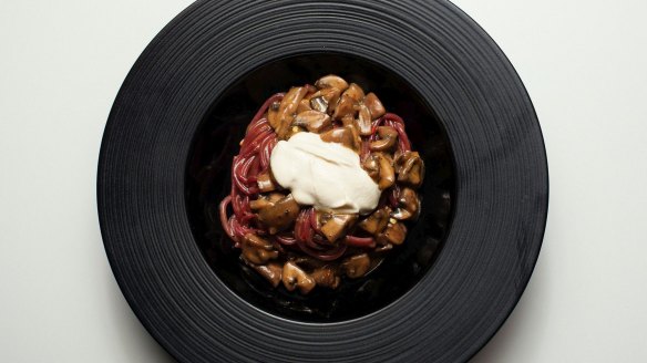 Ruby-red beetroot spaghettini, autumn mushroom, truffle, cashew creme fraiche.