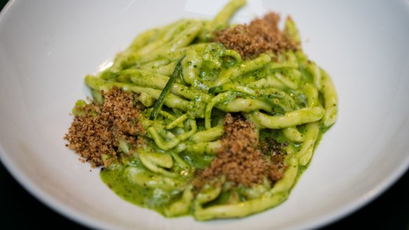 Strozzapreti with pistachio pesto and pangrattato.