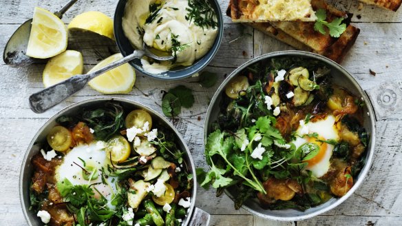 Adam Liaw's green shakshuka with hummus and Turkish bread toast is another brinner (breakfast-for-dinner) winner. 