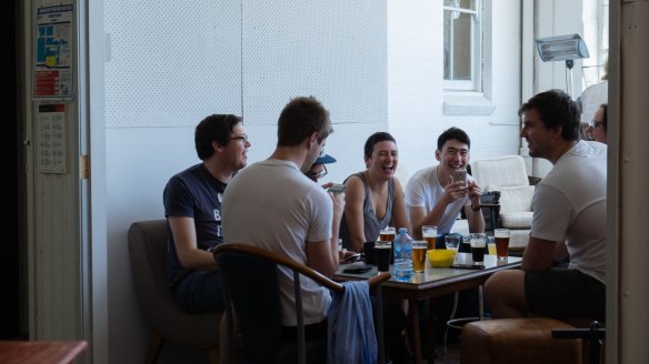 Punters having a beer and a laugh at Willie the Boatman brewery, St Peters.