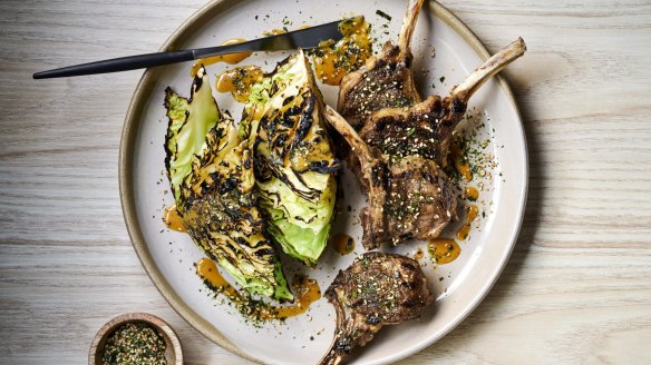 Umami lamb cutlets with miso butter and cabbage.