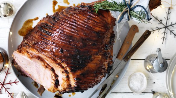 Peach and coriander seed glazed ham.