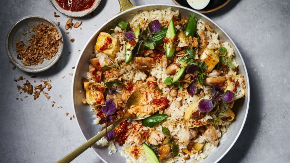 One-pot nasi goreng served with crispy fried shallots, sambal oelek and soft-boiled eggs.