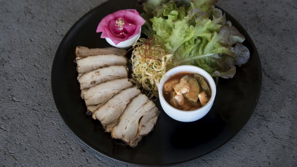 Pork belly chashu with crackling chips and pickled takana, a Christmas special at Sake, Manly.