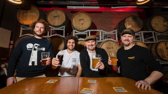 Inner West craft brewers celebrate the news: Chris Sidwa from Batch, Matt King from The Grifter, Richard Adamson from Young Henrys and Peter Phillip from Wayward Brewing Co, at Wayward.