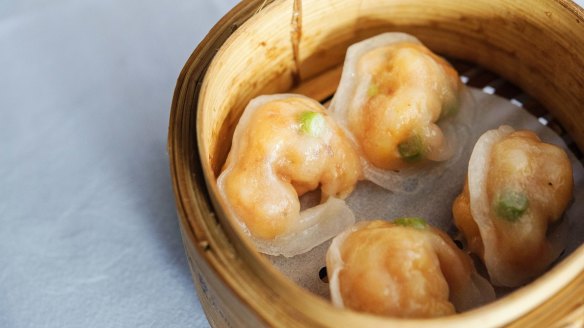 Steamed prawn and green bean dumplings with red vinegar at China Doll restaurant. 