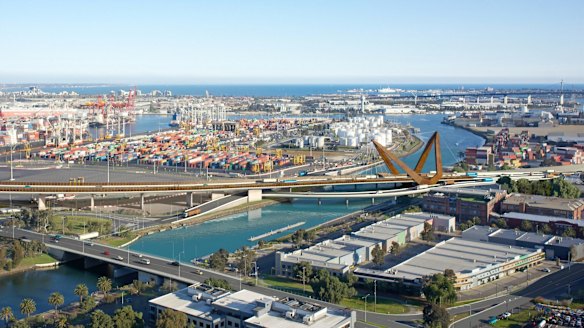 An artist's impression of the Western Distributor tollway as it crosses the Maribyrnong River. 