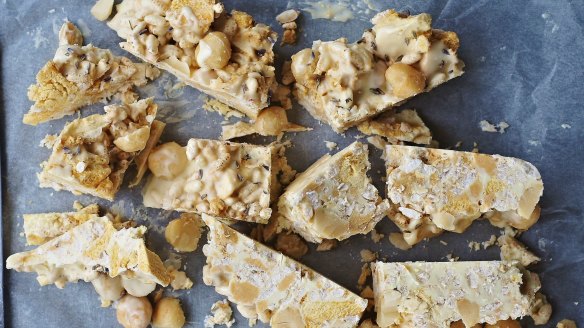 White rocky road with crushed honeycomb and toasted macadamias. 