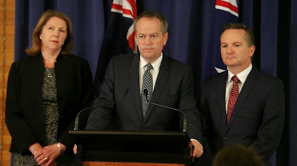 Labor health spokeswoman Catherine King, Opposition Leader Bill Shorten and shadow treasurer Chris Bowen on Tuesday.