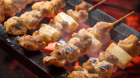 Yakitori (grilled chicken skewers). 