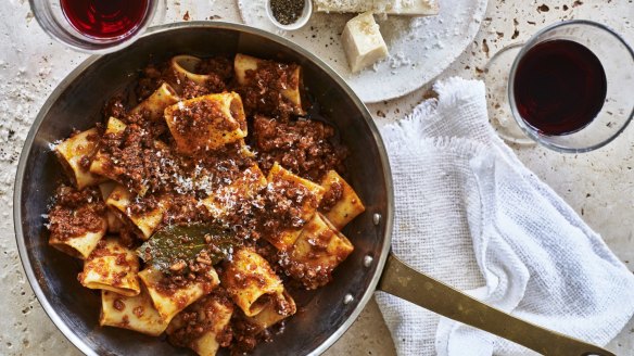 Karen Martini's inauthentic bolognese ragu with paccheri pasta.