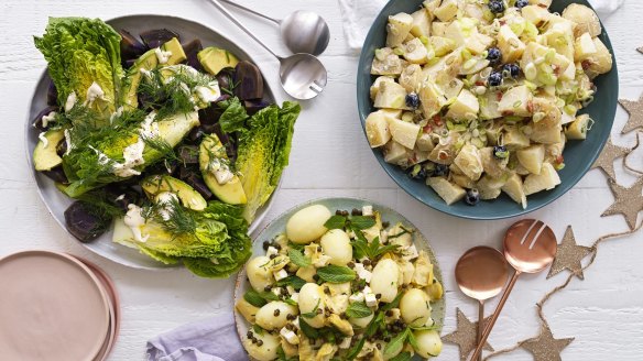 Potato salad, three ways (clockwise from left): Colourful cos and purple congo; classic Australian; Mediterranean, heavy on the artichoke.