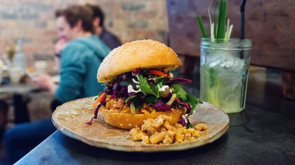 SYDNEY, AUSTRALIA - FEBRUARY 07:  Nam khao tod sandwich at Boon Cafe in Haymarket on February 7, 2015 in Sydney, Australia.  (Photo by Christopher Pearce/Fairfax Media)