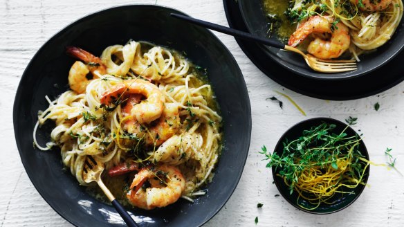 Speedy spaghetti with prawns.