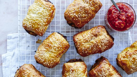 Serve the sausage rolls with tomato chutney.