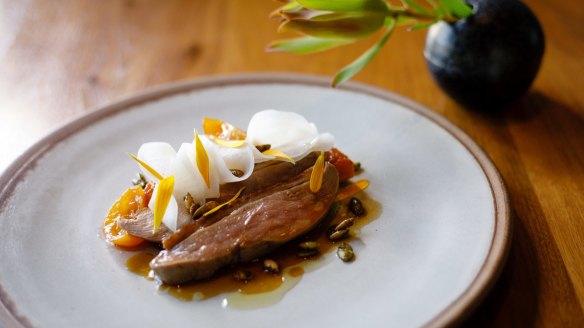 Duck breast, confit cumquat, roast pumpkin and fermented daikon.