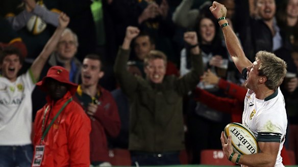 Comeback win: South Africa's Ruan Combrinck celebrates after scoring a try against Ireland at Ellis Park.