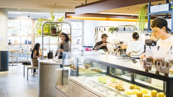 The patisserie counter inside 
 Crux & Co cafe.