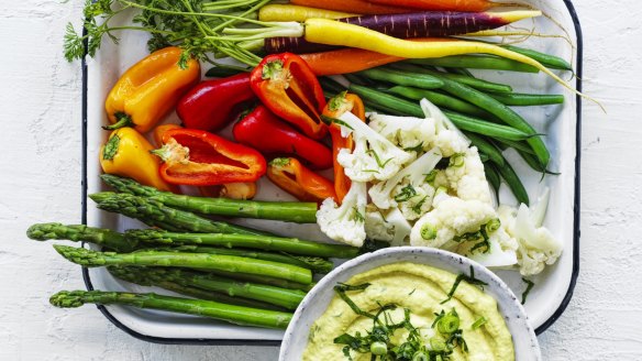 Spring vegetables with tuna and turmeric dip.