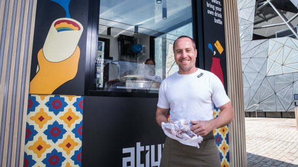 Ben Armstrong at the Atiyah kiosk at Federation Square.