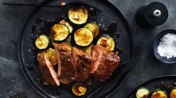 Neil Perry's spiced lamb with zucchini salad and pomegranate dressing
