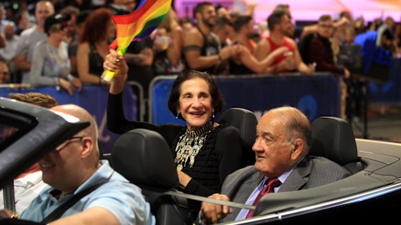 Former NSW Governor Marie Bashir and Sir Nick Shehadie during the Mardi Gras parade, 2015.