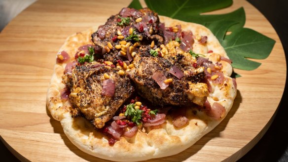Huda Kitchen Rules' msakhan, marinated and grilled chicken with slow-cooked onions and sumac on taboon bread.
