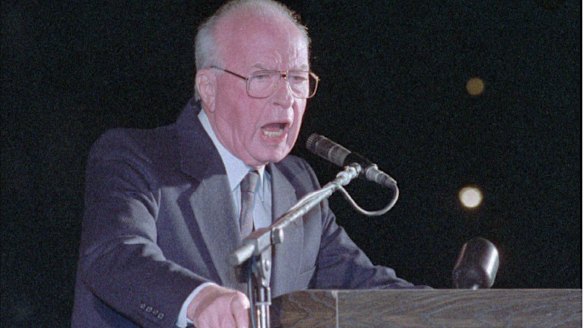Israeli prime minister Yitzhak Rabin delivers what turned out to be his final speech to a peace rally of more than 100,000 Israelis in the Tel Aviv square that now bears his name on November 4, 1995. He was fatally shot only minutes later.
